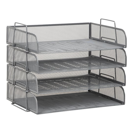 Mind Reader Stackable Paper Tray, Desktop Organizer, File Storage, Office, Metal Mesh, 4 Pcs., Silver
